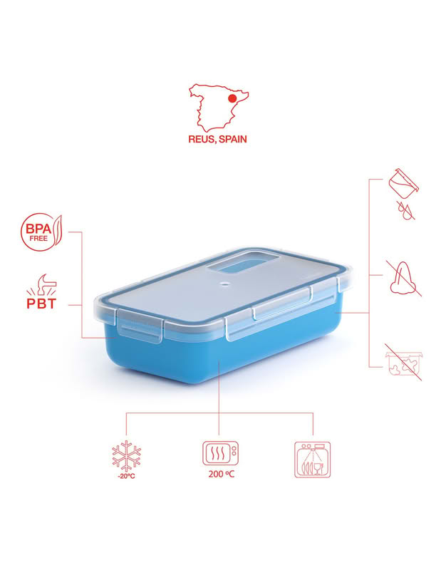 Contenitore ermetico per alimenti utilizzabile in microonde, lavastoviglie e congelatore, da -20ºC a 200ºC, realizzato in PBT azzurro, capacità 500 ml